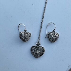 “Vintage” Sterling 20” Heart Pendant w/Crystals & Matching Heart Earrings
